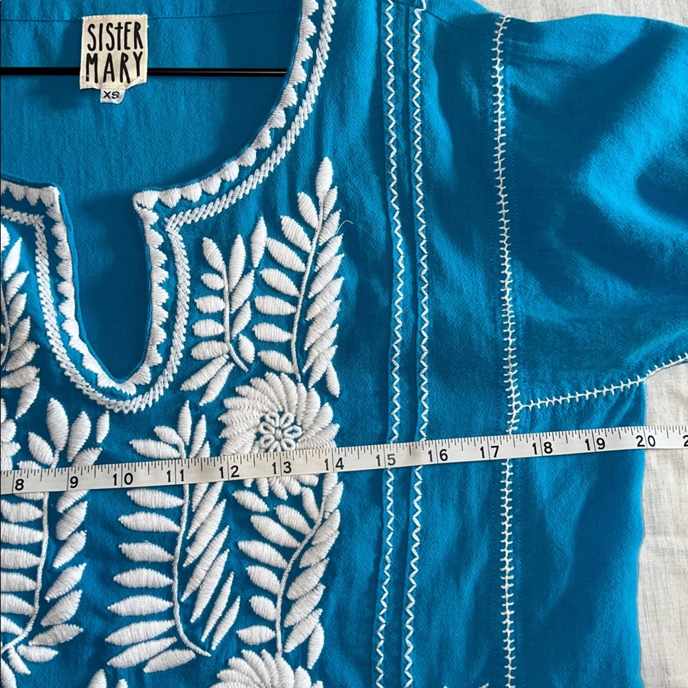 SISTER MARY Bohemian Embroidered Cotton Blouse Blue‎ White Sz XS - Picture 8 of 8